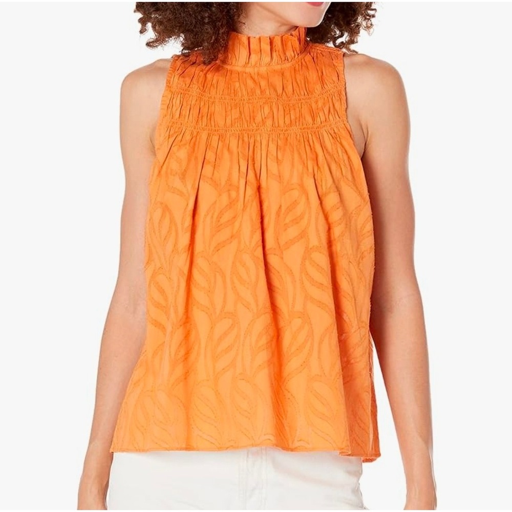Joie Fern Smocked Mock Neck Sleeveless Textured Leaf‎ Print Blouse XL Amber Glow